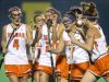 Delmar players celebrate a goal in the first half of Delmar's 2-0 win over Polytech in their DIAA state tournament semi-final game at the University of Delaware in Newark on Tuesday night.