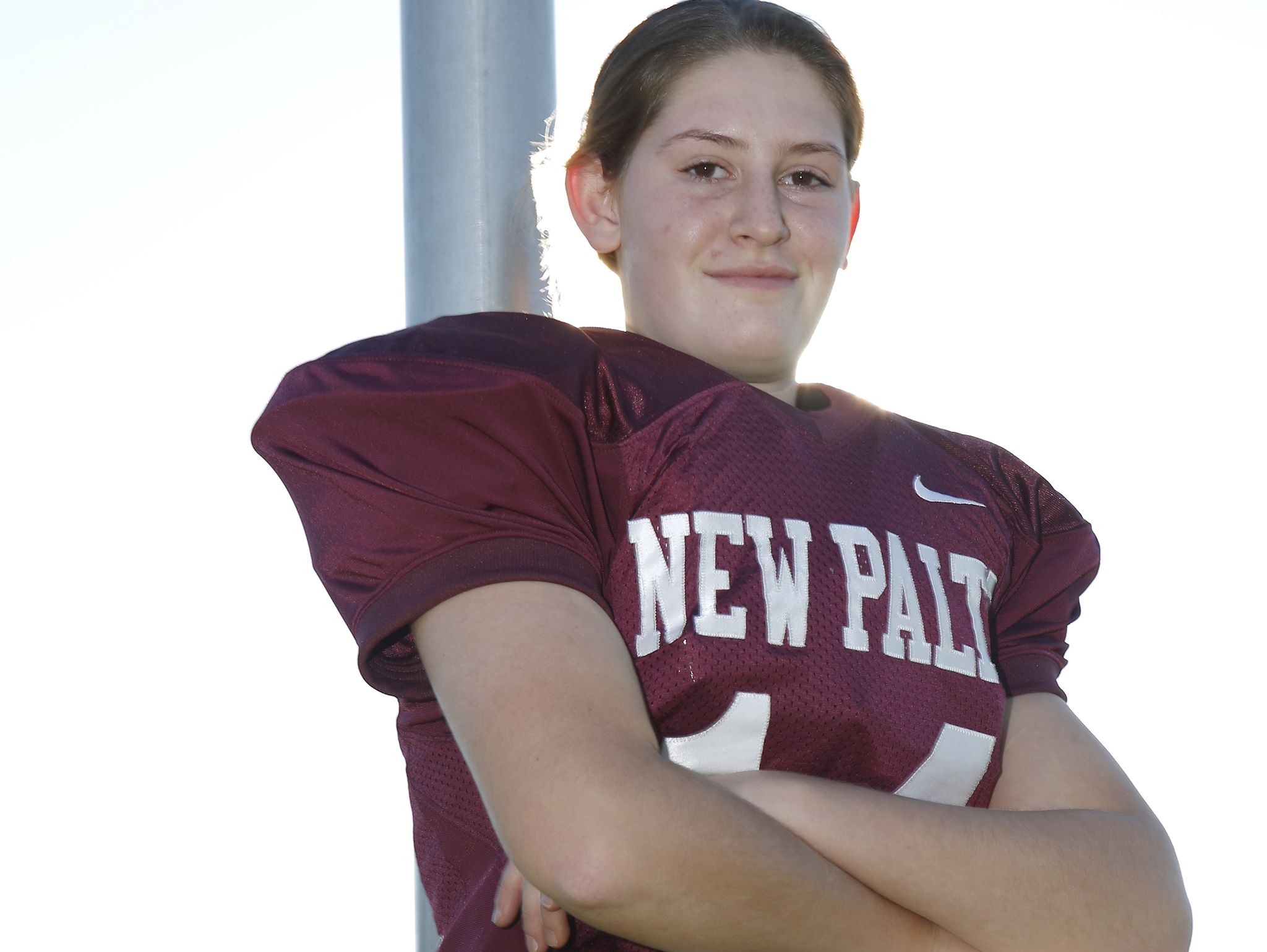 Rosalinda Bendell, 16, a New Paltz High School football player, poses at New Paltz High School on Friday.