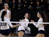 Lee High players celebrate a point during Saturday's 2A state volleyball championship. Lee lost to Marion in straight sets.