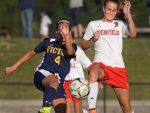 Penfield's Grace Murphy, right, challenges Victor's Olivia Damico for the ball during a regular season game at Penfield High School on Wednesday, Sept. 14, 2016. Victor beat Penfield 2-1.