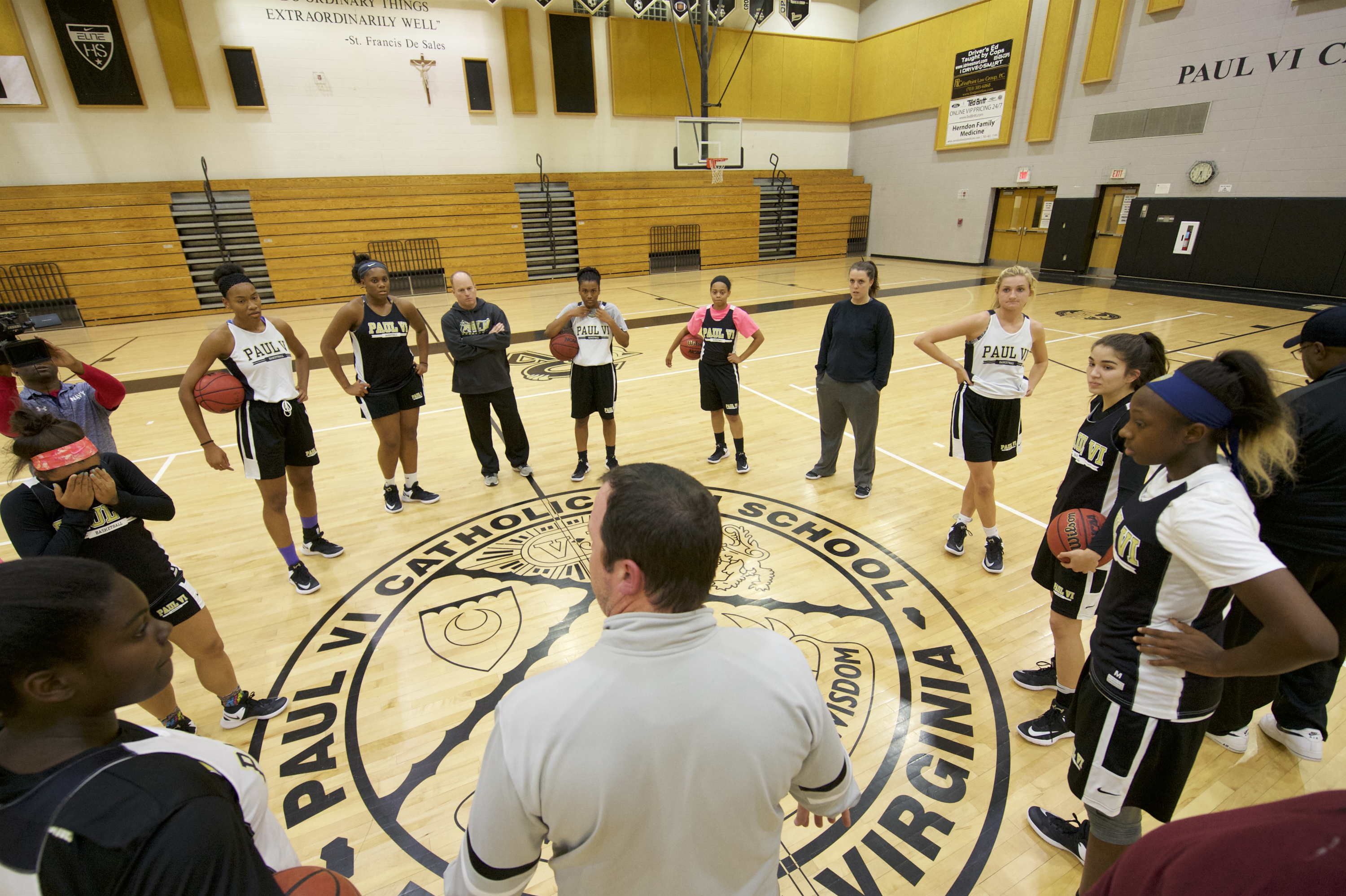 11/14/16 5:32:23 PM -- Fairfax, VA, U.S.A -- Paul VI Catholic High School in Fairfax, Virginia will be one of our top ranked girls basketball teams. Head coach Scot Allen bring gathers the girls basketball team together before practice. -- Photo by Rafael Suanes/USA TODAY Sports Images, Gannett ORG XMIT: US 135760 Pual VI 11/14/2016 [Via MerlinFTP Drop]