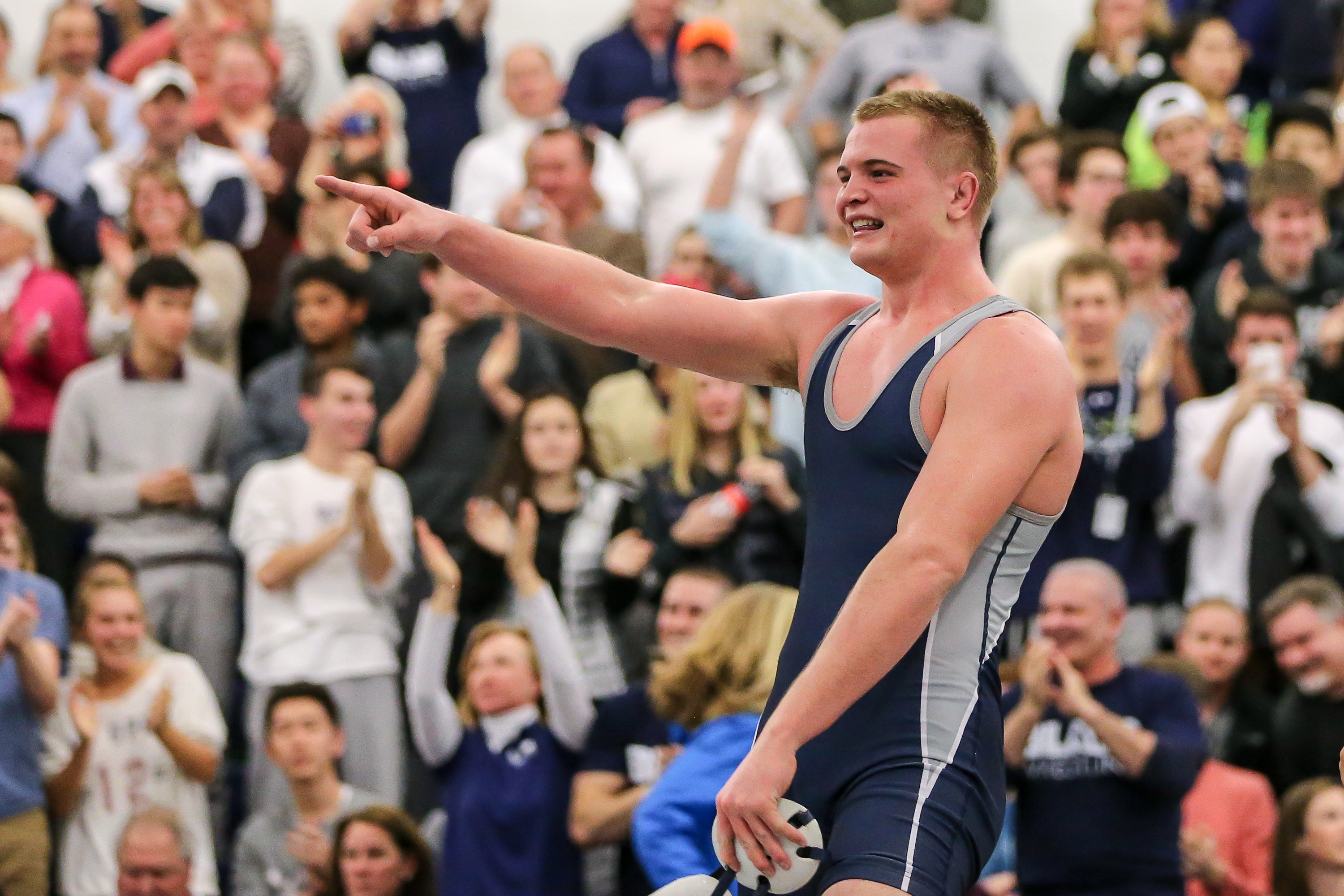 1/24/16 12:39:37 PM -- Blairstown, NJ, U.S.A -- Blair Academy vs. Wyoming Seminary high school wrestling. Blair Academy Junior Chase Singletary , shown, celebrates his 3-1 victory over Wyoming Seminary Senior Nick Reenan in the 195 match. Blair Academy won, 35-20. Photo by Vincent Carchietta/USA TODAY Sports Images, Gannett ORG XMIT: US 134401 prep wrestling 1/23/2 [Via MerlinFTP Drop]