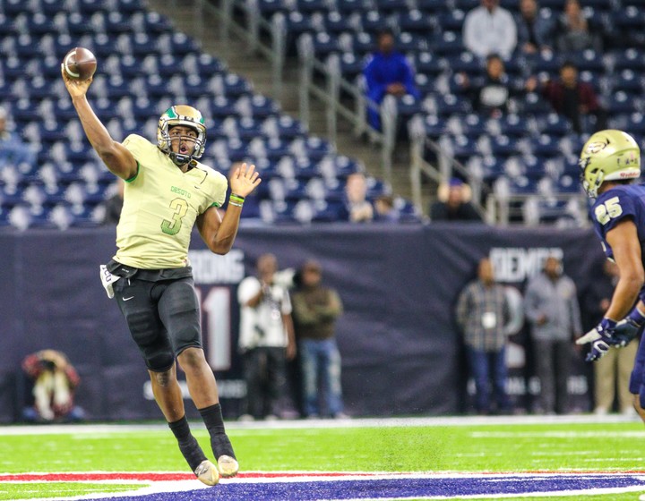 December 10, 2016 - DeSoto quarterback Shawn Robinson (3) throws downfield in the first half during the state 6A Div. II semi-final playoff game between DeSoto and Klein Collins at NRG Stadium in Houston, Texas. Klein Collins leads at the half 28-14. (Image Credit: John Glaser)