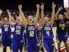 South Dakota State players celebrate after a 74-71 win over Miami in a first-round women's college basketball game in the NCAA Tournament Saturday in Stanford, Calif.