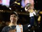 SANTA CLARA, CA - FEBRUARY 07: Quarterback Peyton Manning #18 of the Denver Broncos holds the Vince Lombardi Trophy after winning Super Bowl 50 against the Carolina Panthers at Levi's Stadium on February 7, 2016 in Santa Clara, California. (Photo by Patrick Smith/Getty Images)