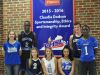 Robert E. Lee High School student-athletes post in front of the banner the school received for winning the VHSL's Claudia Dotson award. From left, Whitney Darby, softball; Darius George, boys basketball; Meghan Wood, volleyball; Sara Sabo, girls basketball; Dariyann Freeman, Competition cheer; Jacob Warner, cross country; and Hurliq Williams, football.