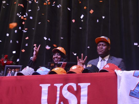 University School of Jackson senior lineman Trey Smith made his commitment to The University of Tennessee, Tuesday afternoon, December 6, 2016 during a live broadcast at USJ. At left is his sister, Ashley Smith. (Photo: KENNETH CUMMINGS/The Jackson Sun)