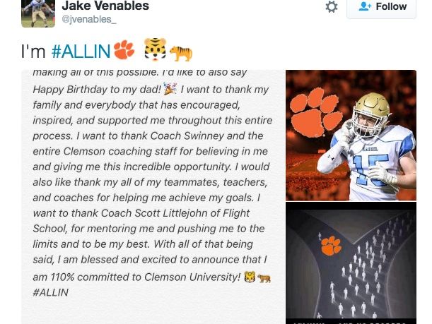 Jake Venables' announcement to play at Clemson.