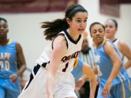 Wilmington Friends guard, Margaret Sullivan drives to the basket for the first points of the game against Cape Henlopen.