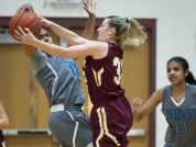 St. Elizabeth senior, Lexi Bromwell, tries to take away the ball from Monsignor Scanlan guard, Daja Wentz in the first half.