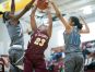 St. Elizabeth forward, Dymond Collins (center), gets blocked by two Monsignor Scanlan defenders, Kayla Morris (left) and Kaylen Banwareesingh.