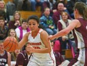Washington's Taylor VanderVelde (30) tries to get past Crofton's Kelsey Sanger (32) during a rescheduled Edith Sanford Breast Center Girls Pentagon Classic game Thursday, Dec. 29, 2016, at Washington High School in Sioux Falls.