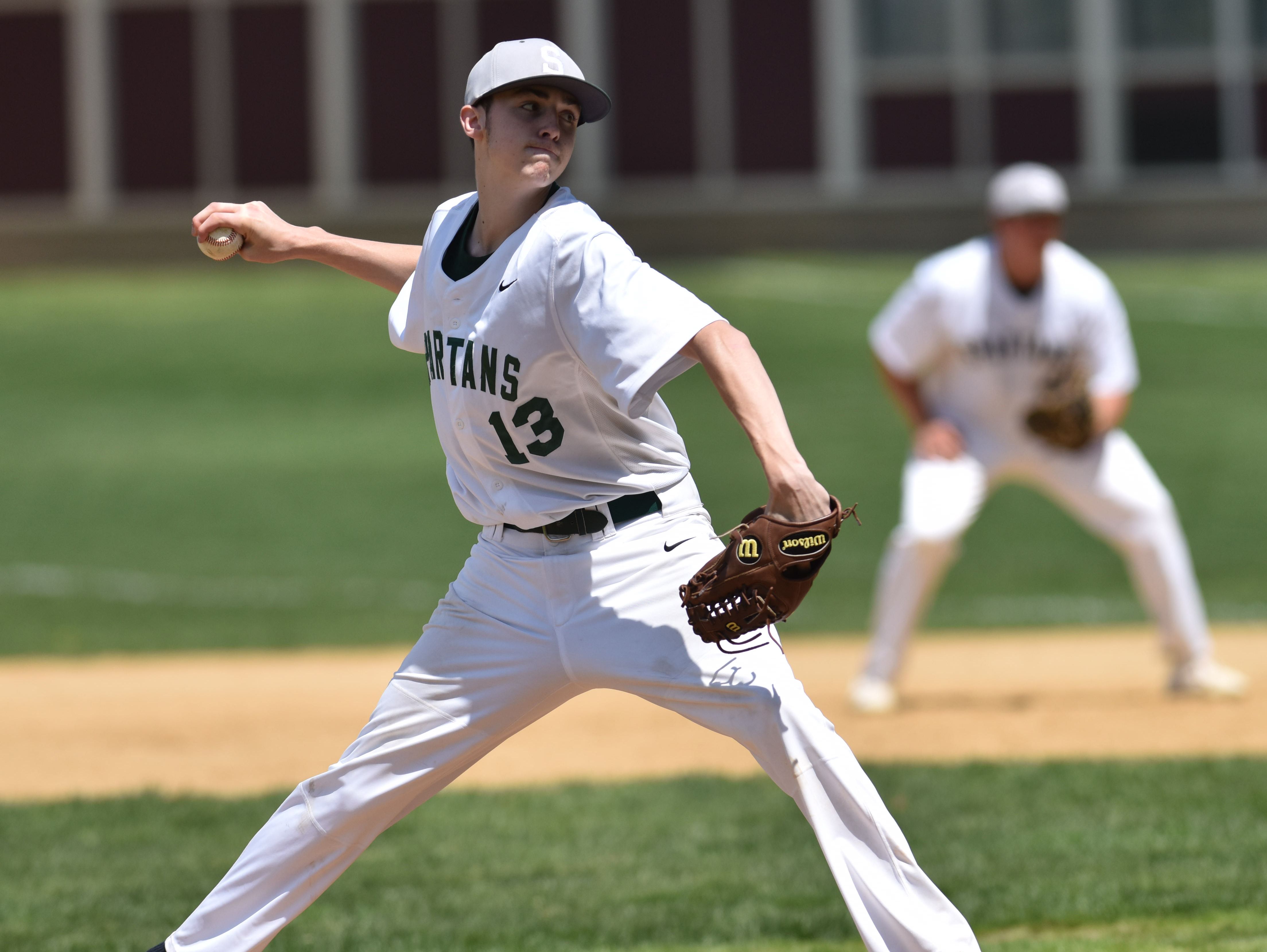 Spackenkill High School's Court Reichel pitches on May 9 against Marlboro at Todd Middle School.