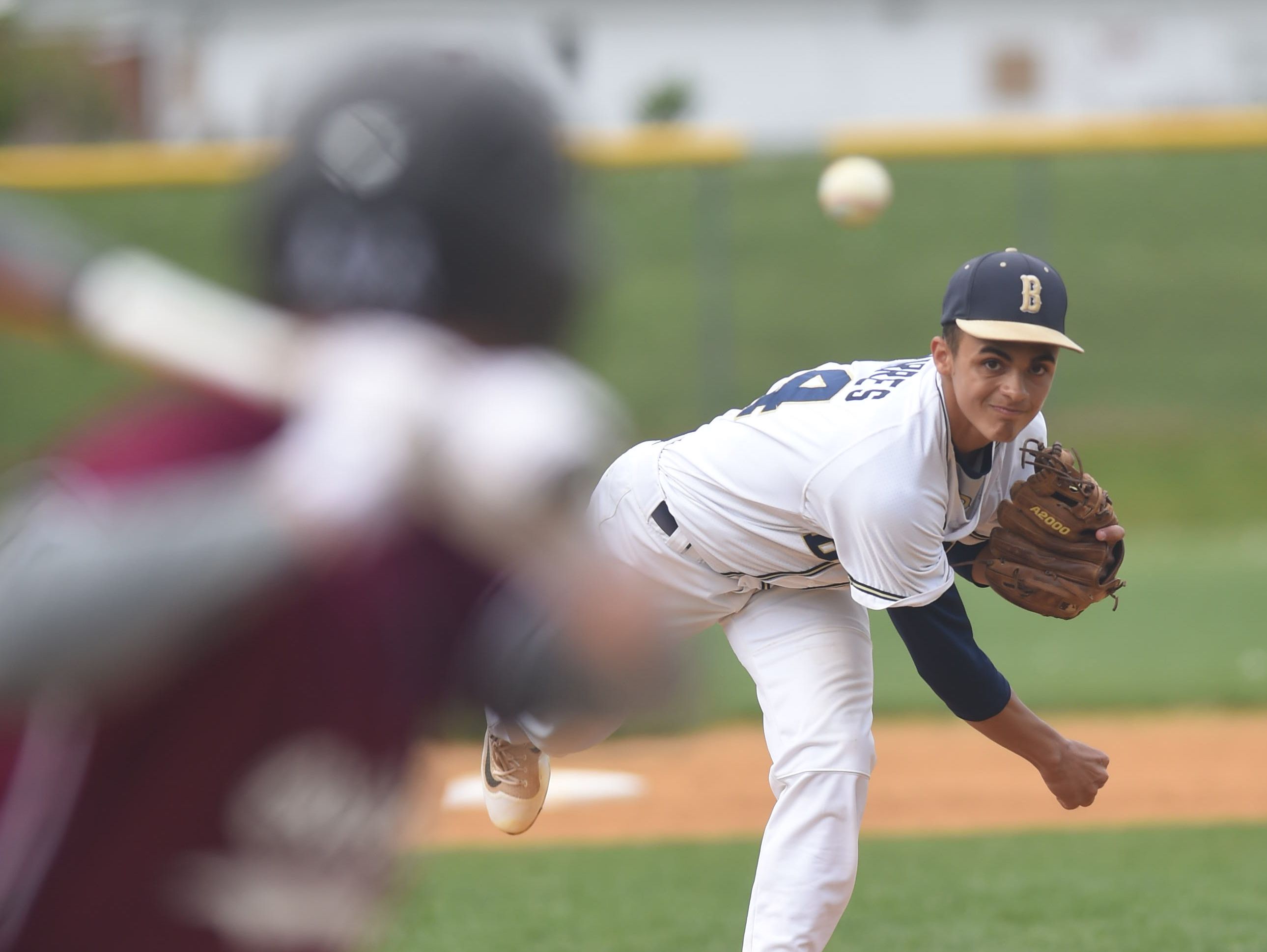 Beacon High School's Lenny Torres pitches to a hitter from Ossining on April 29 at Beacon.