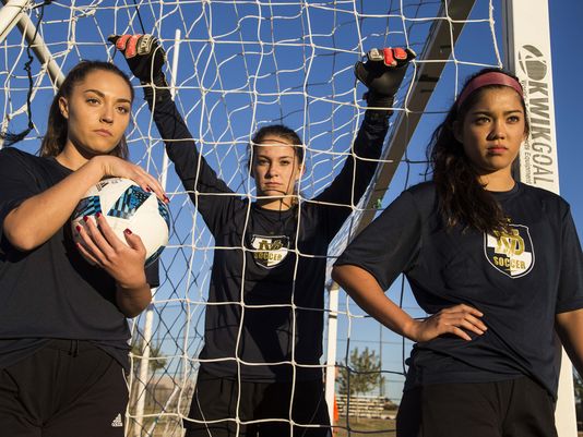 Desert Vista High School soccer team players from L to R. Paige Maling, Goal Keeper Kamrie Gunderson, and Isabel Deutsch. They led last year's team to 6A girls state soccer championship. (Photo: Nick Oza/azcentral sports)