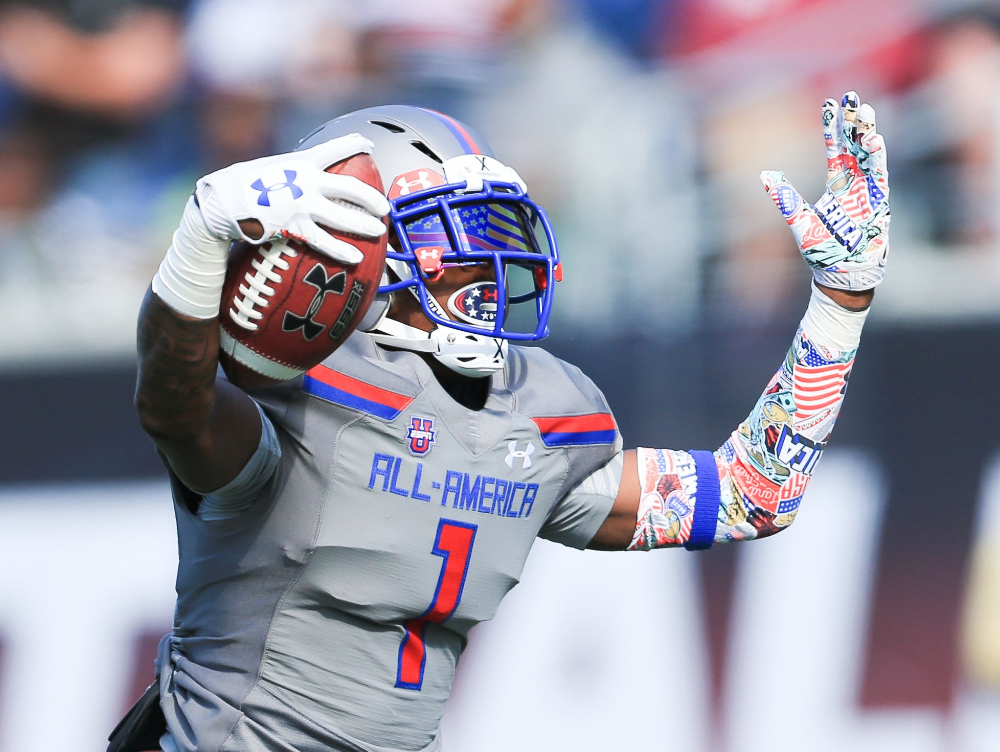 Team Armour wide receiver Jeff Thomas (01) celebrates after scoring a touchdown during the 2017 Under Armour All-America High School Football game. Team Armour defeated Team Highlight 24-21.