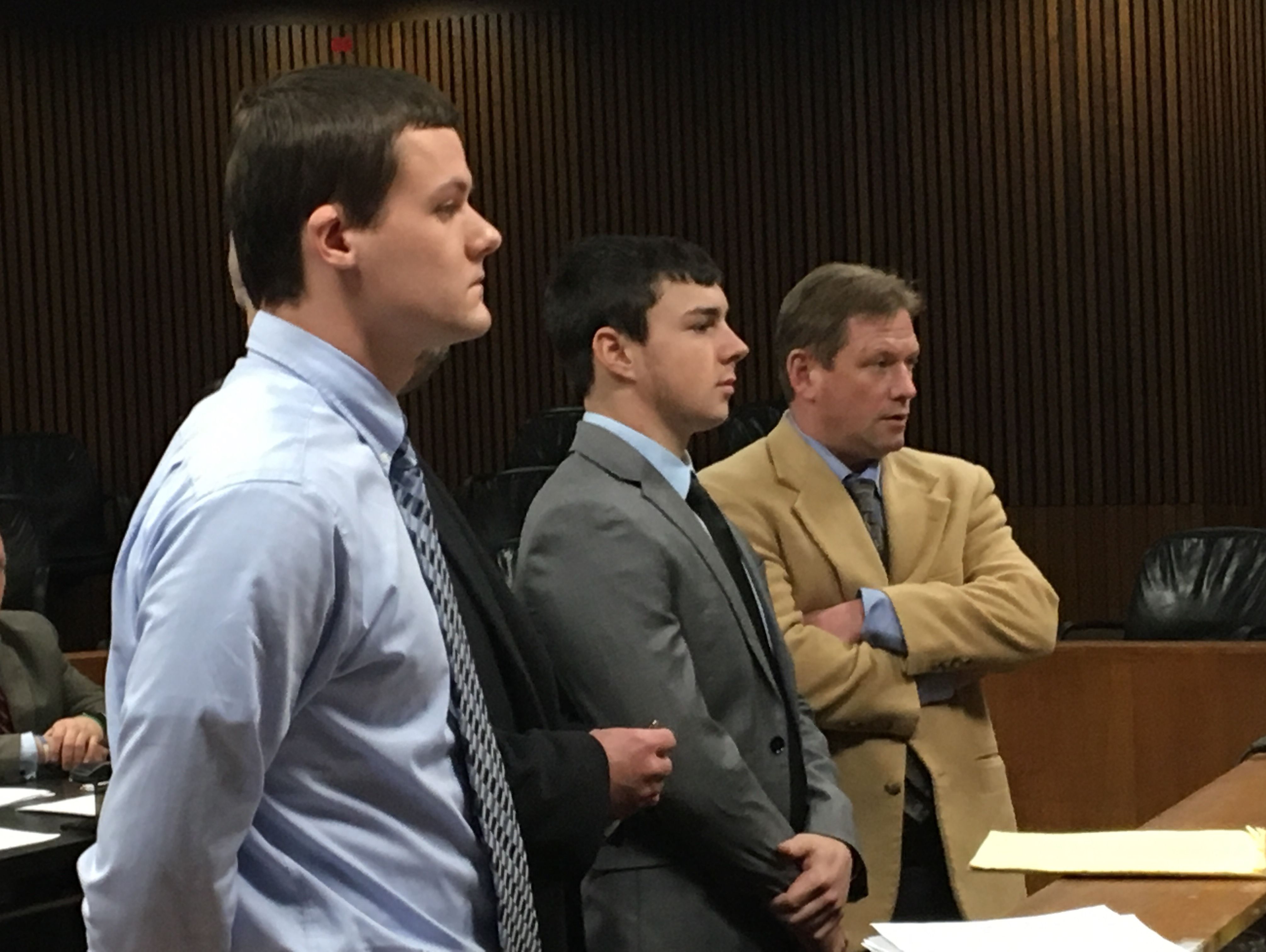 Michael Roth, 18, and Tanner Coolsaet, 19, of Grosse Ile appear Wednesday Jan. 11, 2016 in Wayne County Circuit Court for sentencing in the killing/torturing of a Guinea pig last April. They're pictured here with attorney Edward Holmberg, right.
