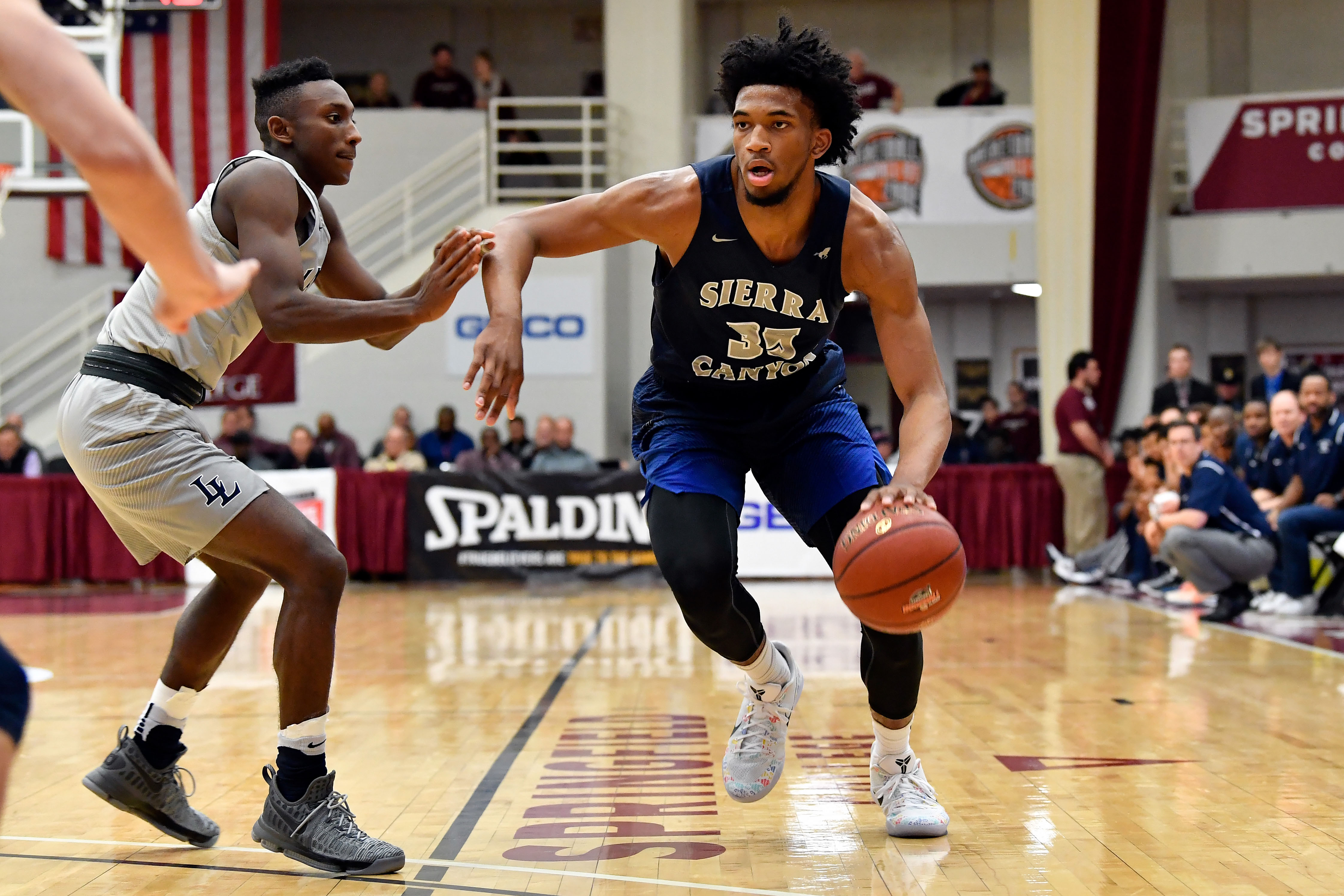 Jan 16, 2017; Springfield , MA, USA; Sierra Canyon School Trailblazers player Marvin Bagley III (35) drives to the basket past La Lumiere School Lakers player Isaiah Coleman Lands (11) at Blake Arena. Mandatory Credit: Brian Fluharty-USA TODAY Sports ORG XMIT: USATSI-355414 ORIG FILE ID:  20170116_ads_fb7_328.JPG