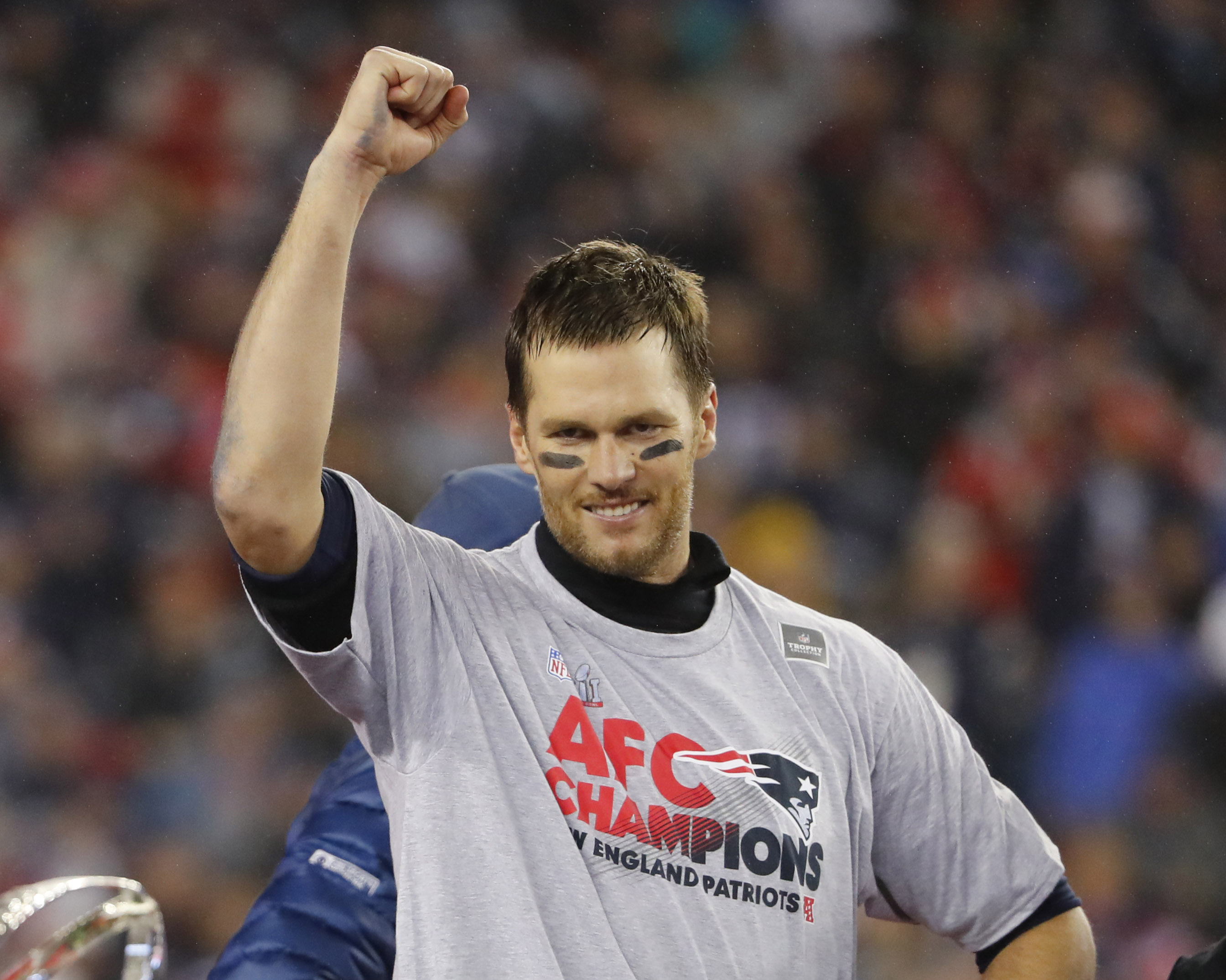 Jan 22, 2017; Foxborough, MA, USA; New England Patriots quarterback Tom Brady (12) celebrates after defeating the Pittsburgh Steelers in the 2017 AFC Championship Game at Gillette Stadium. Mandatory Credit: Winslow Townson-USA TODAY Sports ORG XMIT: USATSI-355518 ORIG FILE ID: 20170122_jel_bt1_132.jpg