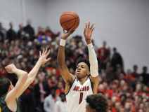 New Albany's Romeo Langford (1) shoots a three pointer against Floyd Central on Friday at New Albany High School. (Photo by David Lee Hartlage, Special to The Courier-Journal) Dec. 9, 2016