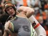 Solon's Bryce West wrestles Saydel's Mike Moore at 120 pounds at Solon on Tuesday, Feb. 7, 2017.