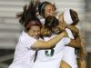 Coachella Valley High School's soccer team celebrate their second goal in the second half of their championship De Anza League against Rancho Mirage High School in Thermal on February 7, 2017.
