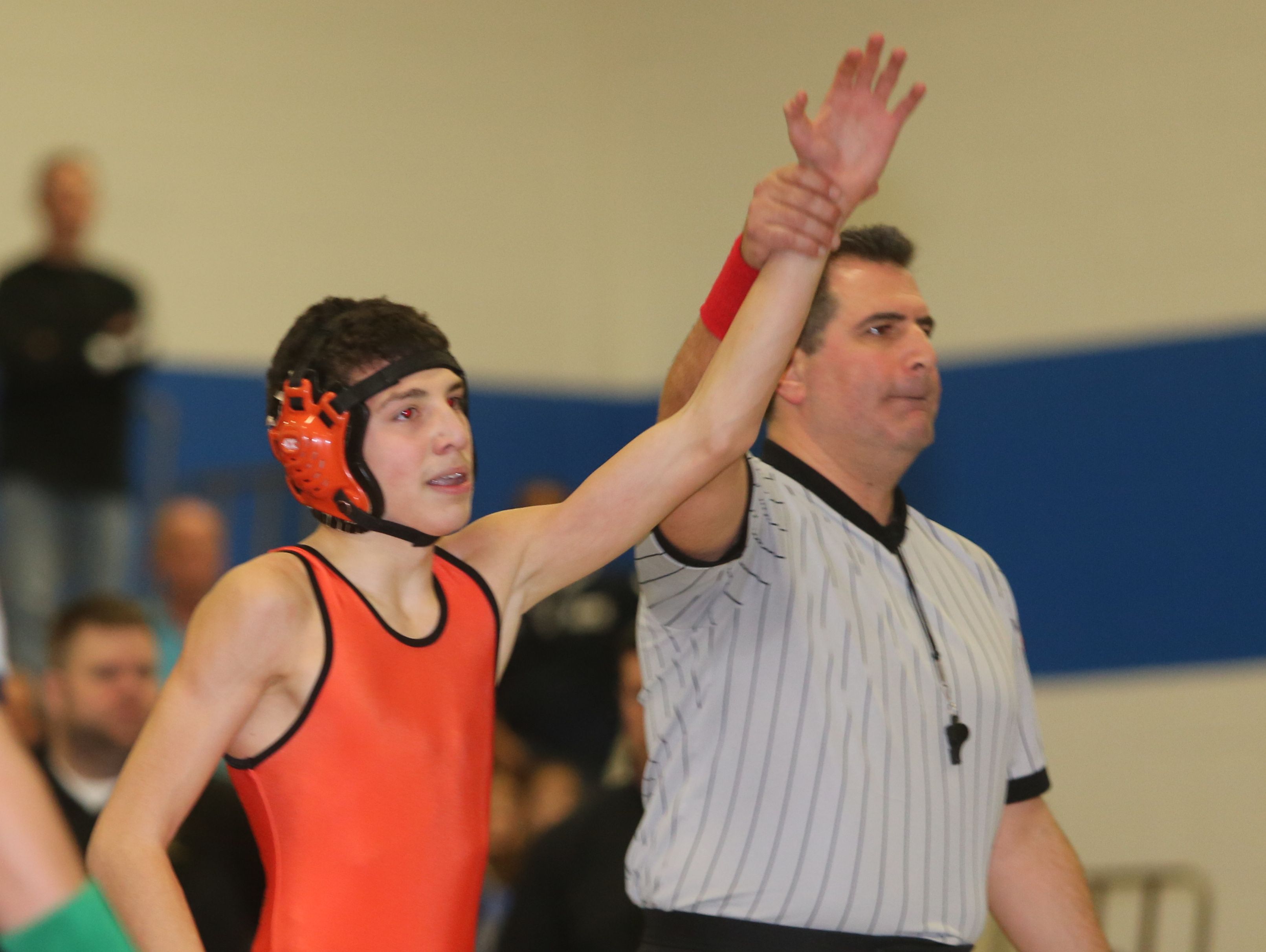 Pawling's Alex Santana defeated Nanuet's Chris DiModugno in the 99 pound weight class, during the Section 1 Division 2 wrestling championships at Edgemont High School in Scarsdale, Feb. 11, 2017.