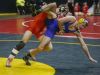 Solon senior Graeson Dall, left, takes Humboldt senior Jaden Kampen to the mat in their match at 152 pounds on Thursday, Feb. 16, 2017, during the Iowa Class 2A state wrestling tournament at Wells Fargo Arena in Des Moines.