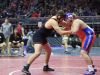 Elijah Van't Hof of Sioux Center wrestles Tyler LinderBaum of Solon at 285 Lbs. Thursday, Feb. 16, 2017.