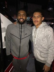 Trae Young met with Cavs PG Kyrie Irving after the game against OKC. (Photo: Ray Young)