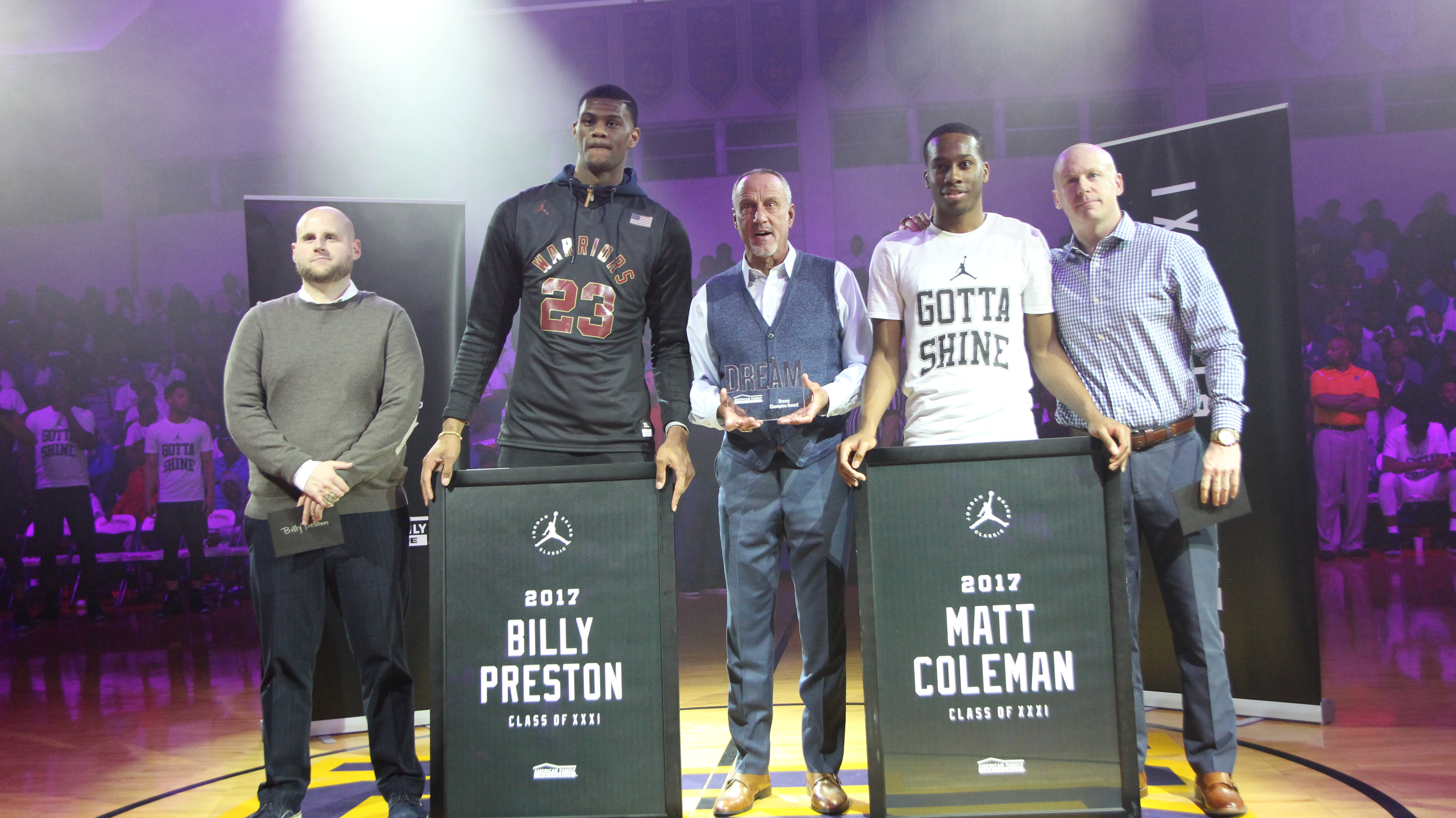 Preston and Coleman present coach Steve Smith with Dream Champion Award. (Photo: Position Sports)