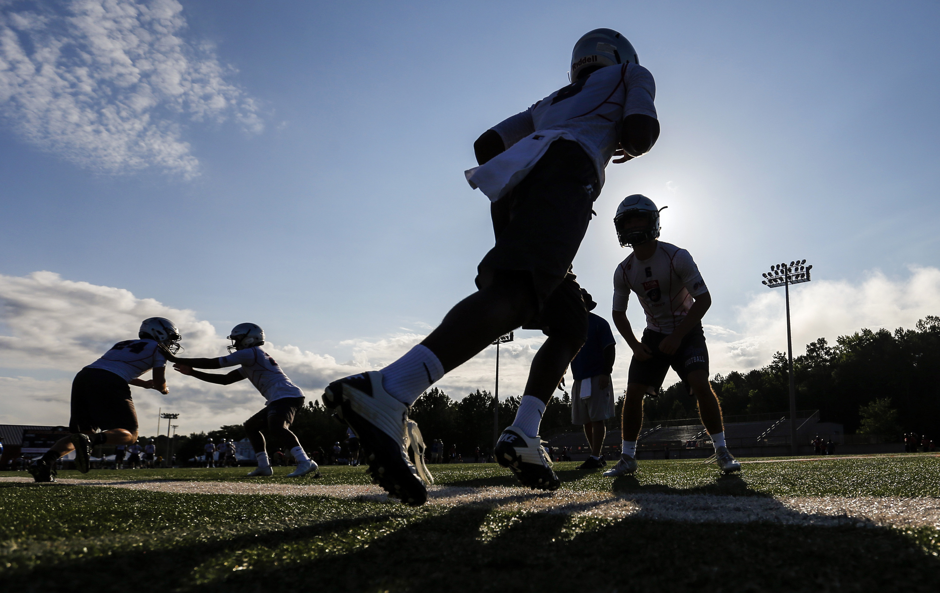 Jul 15, 2016; Hoover, AL, USA; Players from South Forsyth warm up before their game during the USA Football 7on7 National Championship at Hoover high school. Mandatory Credit: Butch Dill-USA TODAY Sports ORG XMIT: USATSI-135185 [Via MerlinFTP Drop]