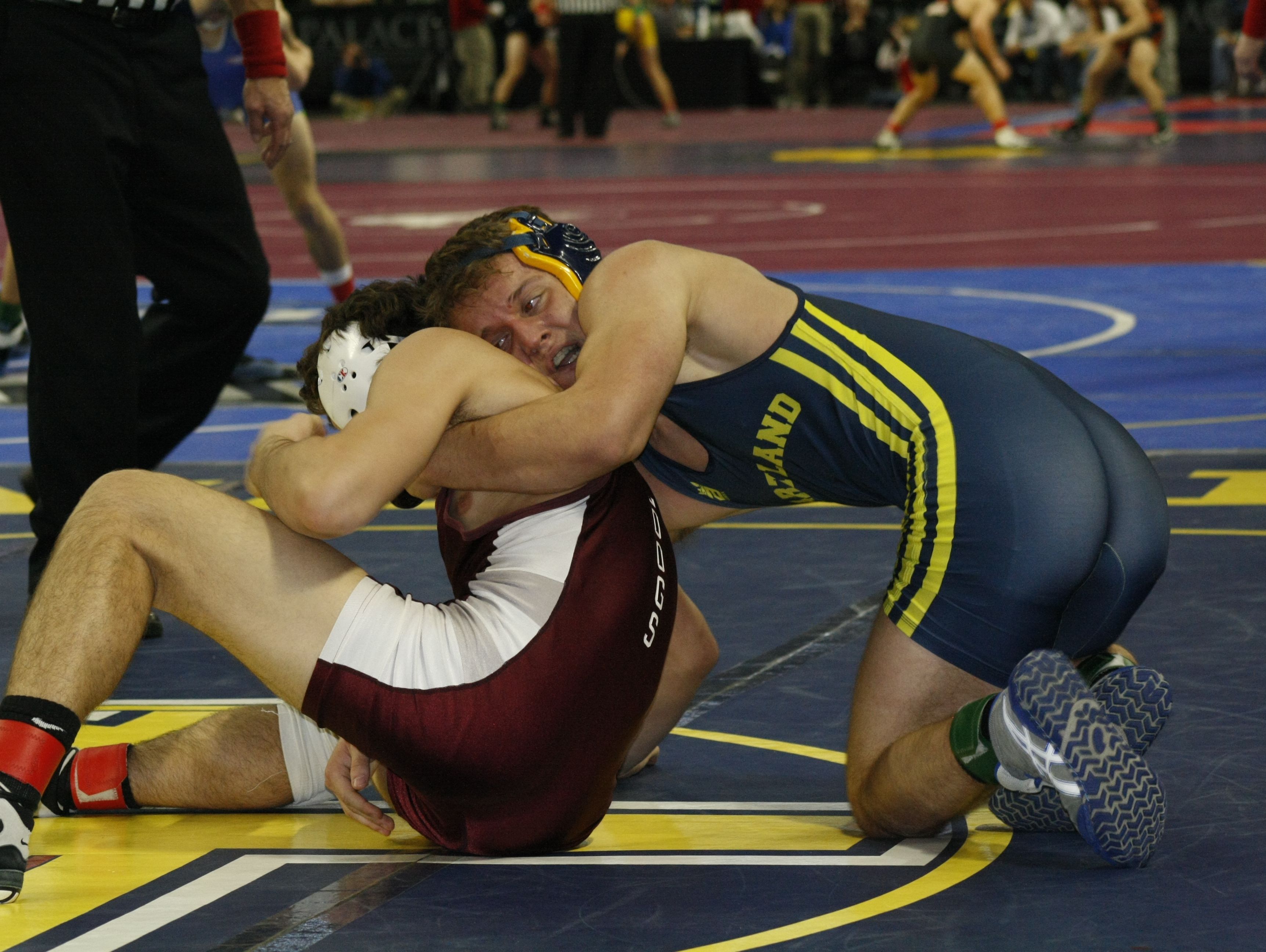 Hartland's Joey Livingston, right, wrestles at 160 pounds Thursday at the Palace.