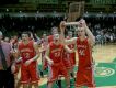 Connersville's Grant Smith (40) celebrates with his teammate their victory in their IHSAA Sectional championship game Saturday, March 4, 2017, evening at the New Castle Chrysler High School Fieldhouse. The Connersville Spartans defeated New Castle 59-44.