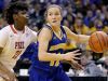 Homestead Spartans Karissa McLaughlin (12) drives around Pike Red Devils Michaela White (21) in the second half of their IHSAA 4A Girls Basketball State Finals game Saturday, February 25, 2017, evening at Bankers Life Fieldhouse. The Homestead Spartans defeated the Pike Red Devils 61-54.
