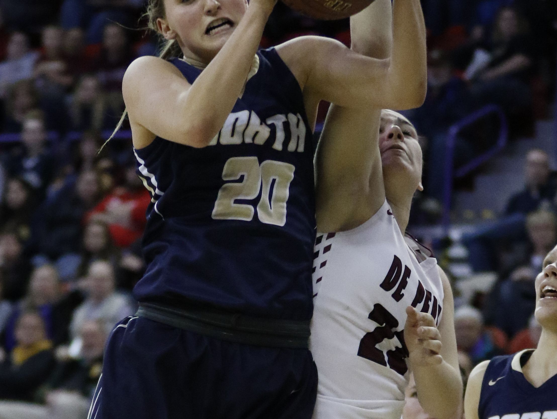 De Pere High School's Lexi Cerrato loses a rebound to Appleton North High School's Sydney Levy during their WIAA Division 1 State Tournament girls basketball championship game Saturday, Mar. 11, 2017, at the Resch Center in Ashwaubenon, Wis. Josh Clark/USA TODAY NETWORK-Wisconsin