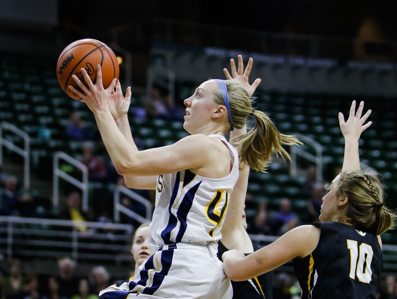 P-W's Brenna Wirth connects from the paint against Maple City Glen Lake Thursday, March 16, 2017, during the Class B Semifinal at the Breslin in East Lansing. P-W won 64-51.