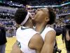 Crispus Attucks Tigers Nike Sibande (22),right, Zac Owens (12),left, after winning the IHSAA 3A Boys Basketball State Finals game Saturday, March 25, 2017, evening at Bankers Life Fieldhouse. The Crispus Attucks Tigers defeated the Twin Lakes Indians 73-71.