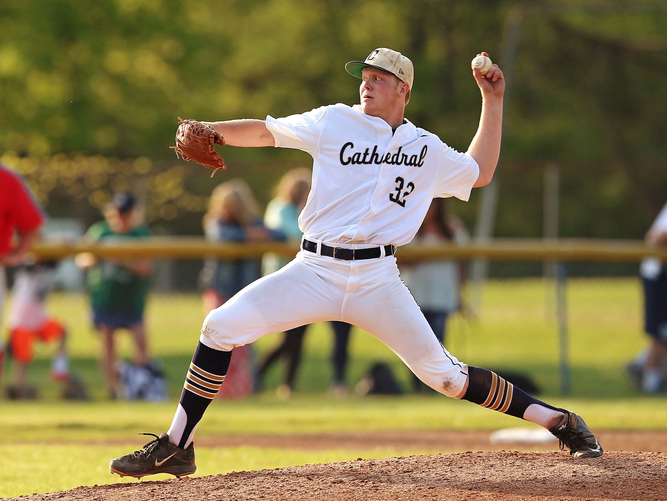 Cathedral's Nick Eaton (32) pitches against Cardinal Ritter at Cathedral's Jesse Hair Field, May 6, 2016.