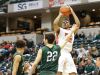 Pike High School's Isiah James (42) hits a 2 point shot over Pendleton Height's Eston Stull (22) and Eli Pancol (14), during "The Really Big Basketball Show, 2017", held at Bankers Life Fieldhouse, Jan 28, 2017. Pendleton Heights vs. Pike.