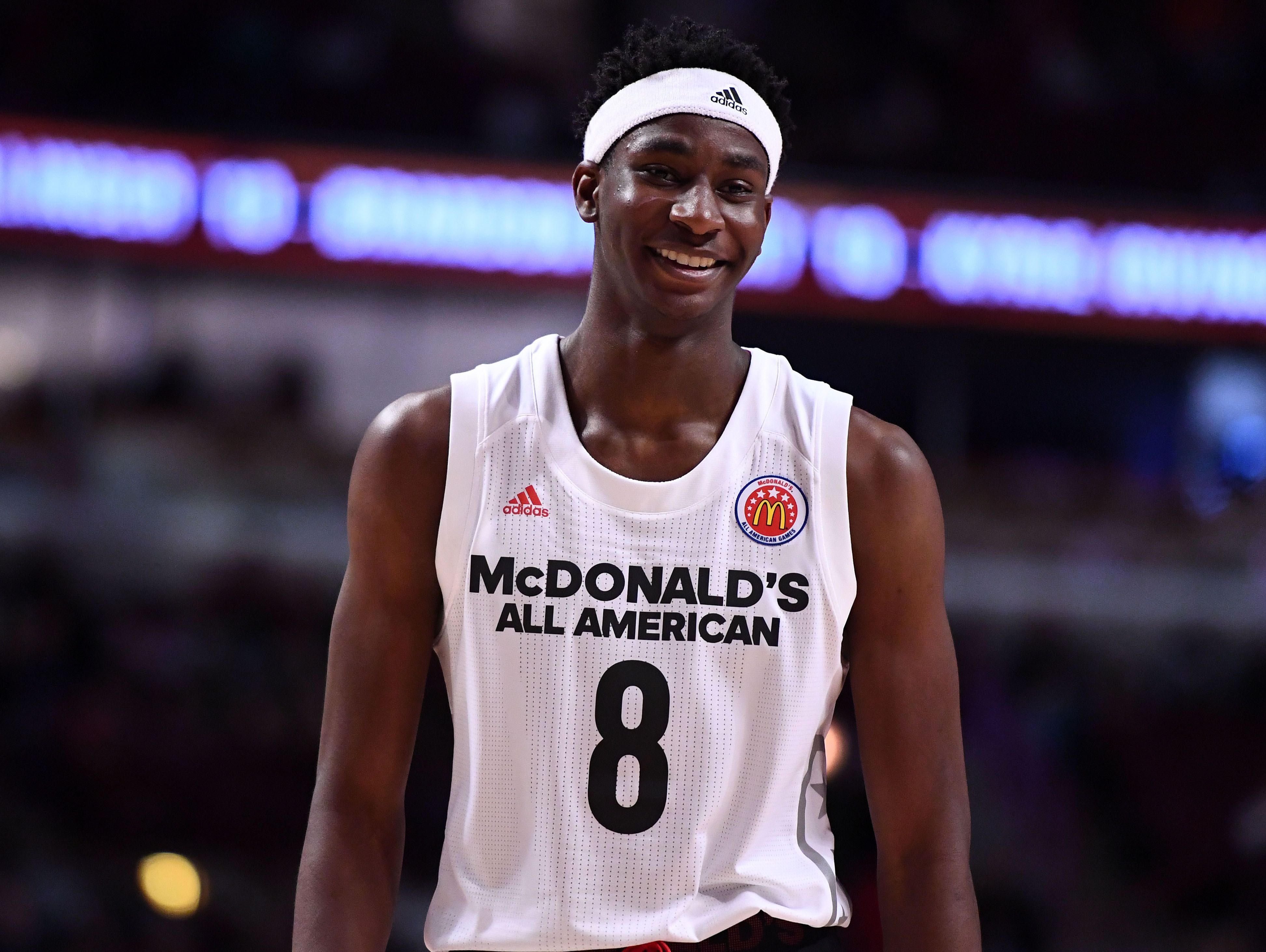 Mar 29, 2017; Chicago, IL, USA; McDonalds High School All-American forward Jaren Jackson Jr. (8) reacts during the second half at the United Center. Mandatory Credit: Mike DiNovo-USA TODAY Sports