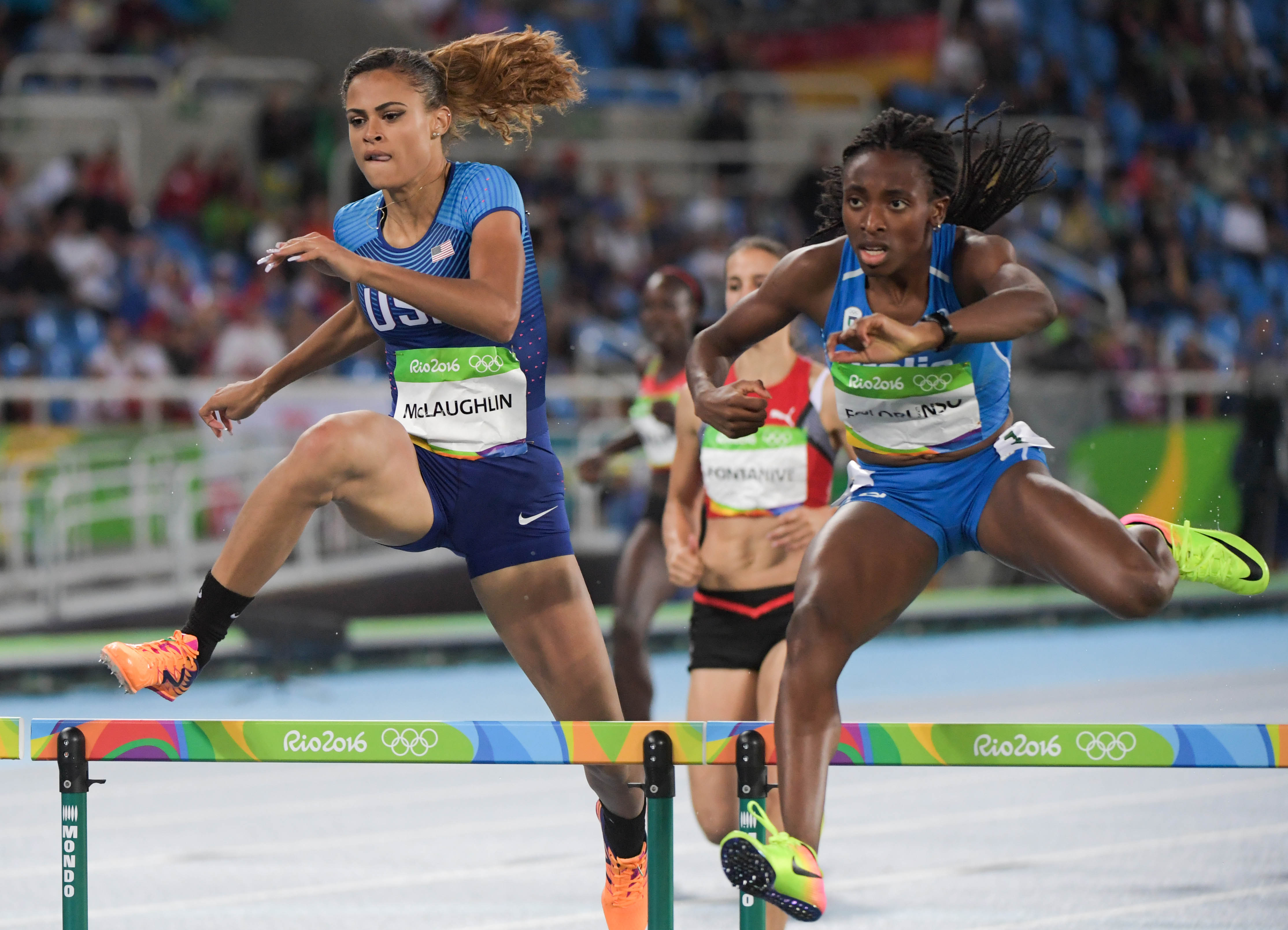Aug 15, 2016; Rio de Janeiro, Brazil; Sydney McLaughlin (USA) competes in the women's 400m hurdles heat during track and field competition in the Rio 2016 Summer Olympic Games at Estadio Olimpico Joao Havelange. Mandatory Credit: Kirby Lee-USA TODAY Sports ORG XMIT: USATSI-GRP-882 ORIG FILE ID: 20160815_sal_al2_995.JPG