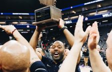 Sierra Canyon head coach Andre Chevalier hoists the 2019 championship trophy (Photo: Sierra Canyon)